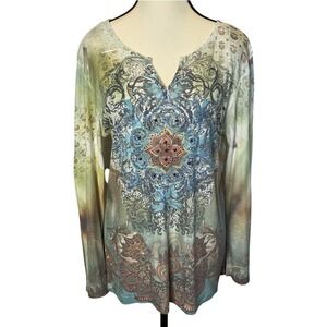 Kiara Cyber Y2K Thermal Top‎ Womens Size XL Long Sleeve Ribbed Rhinestone Grunge
